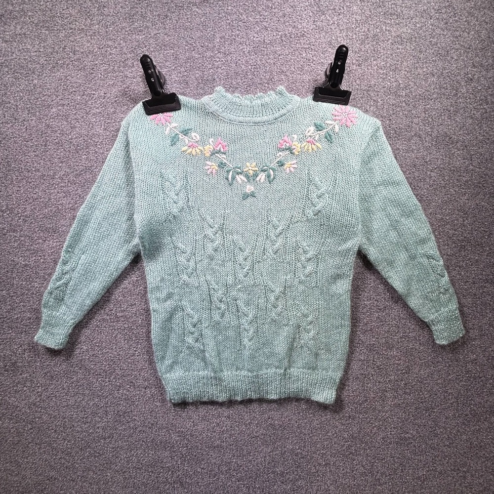Vintage Studio Michelle Stuart Sweater Women's M Green Floral Embroidered Knit